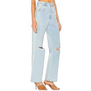 Rollas Hedi Jean Blue Organic Cotton High Rise Straight Leg Denim Distressed 28